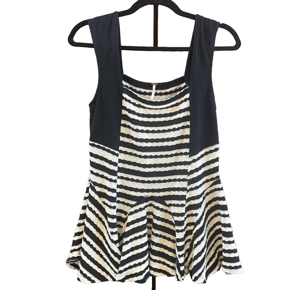 'Free People' Sedgwick Jacquard‎ Striped Peplum Top Black and Cream Medium